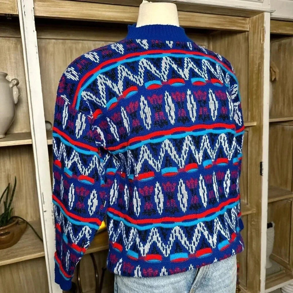 Vintage 1980s Bright Blue Geometric Knit Sweater Abstract Grunge Style Pullover - Picture 5 of 5